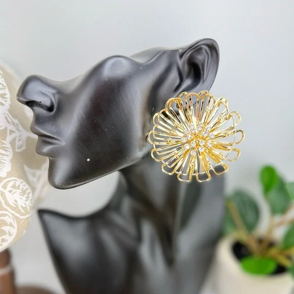 Statement Gold Flower Earrings with Cubic Zirconia – Bold Bloom Design - Picture 6 of 10